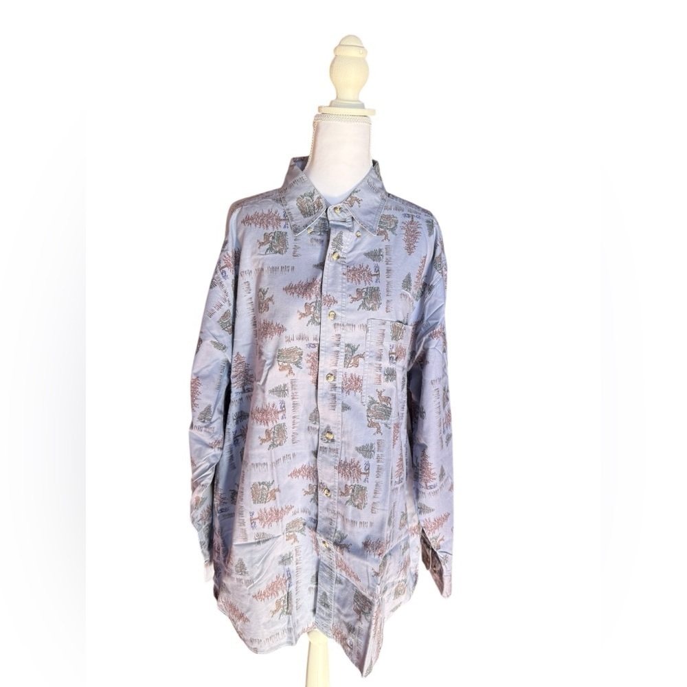 Wrangler Men’s Vintage Forest Deer Tree Print Button Down Shirt Blue Size XXL